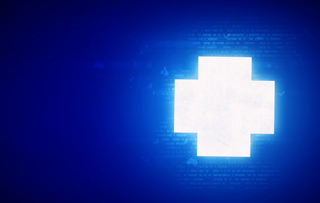 Hand holding medicine sign on blue screenの写真素材