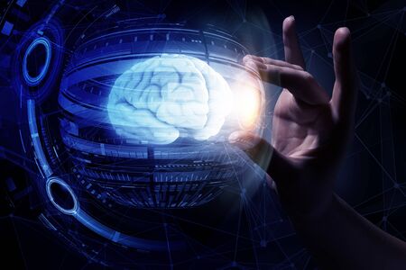 Close up of male hand taking brain in palmの写真素材