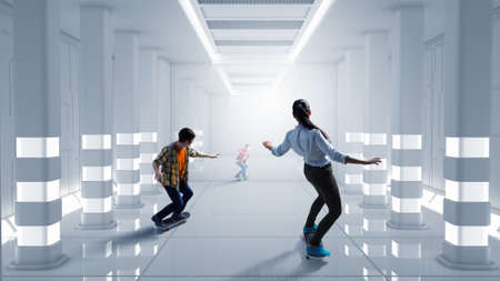 Teenagers girl and boy riding skateboard in virtual interior