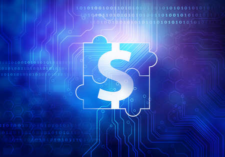 Computer technologies blue background with jigsaw elements on circuitの写真素材