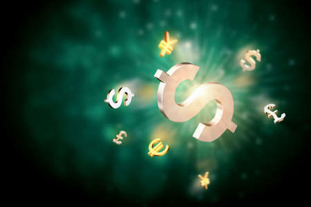Various currency golden symbols on color backgroundの写真素材
