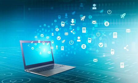 Networking concept represented by laptop on digital blue background