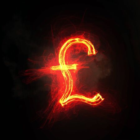 Pound currency glowing symbol on dark backgroundの写真素材