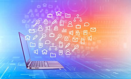 Networking concept represented by laptop on digital purple backgroundの写真素材