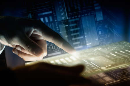Close view of businessman touching screen of tablet or virtual panelの写真素材