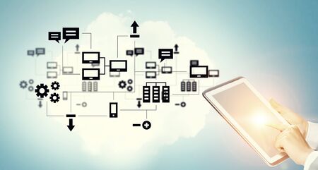 Tablet pc in hand and cloud connection media concept