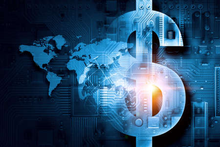 Circuit board blue background with dollar currency signの写真素材