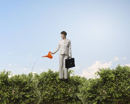 Young businesswoman watering green plant with canの写真素材