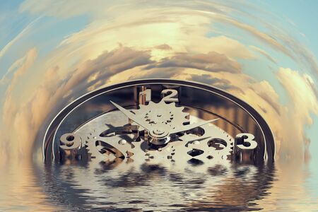 Time concept with clock mechanism drowning in waterの写真素材