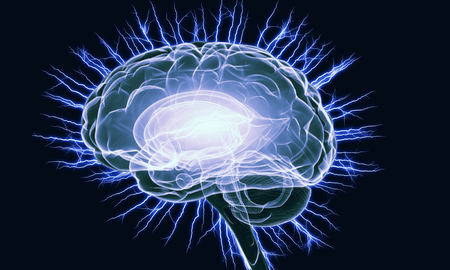 Shiny brain in between thunder lightning on dark background