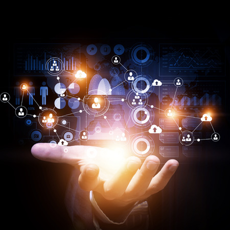 Hand of business person presenting on palm web social connection conceptの写真素材