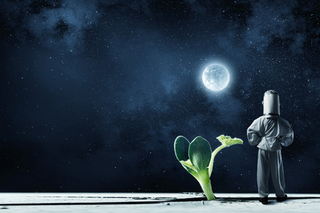 Young woman with carton box on head imagine she is astronautの写真素材