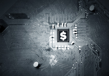 Currency background concept with curcuit board and dollar signの写真素材