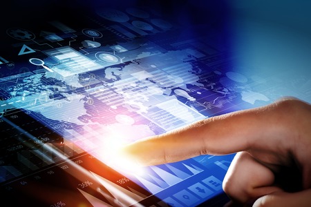 Hand of businessman touching with finger media screen