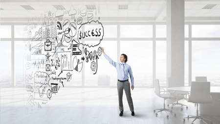 Man draws business scheme concept in white room 3D Renderの写真素材