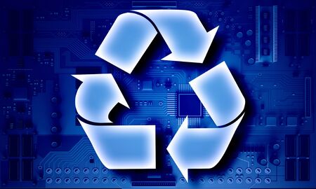 Circuit board blue background with recycle signの写真素材