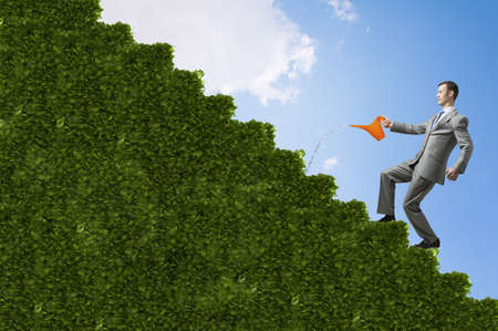 Young businessman watering green plant with canの写真素材