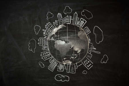 Chalk drawing of money and round the world travelingの写真素材