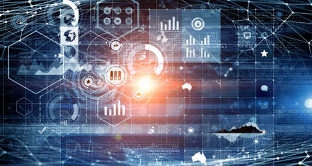 Social connection media background with nets and icons 3D rendering