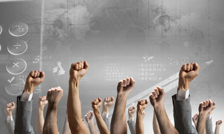 Group of people with hands up showing gestures