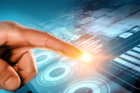 Hand of businessman touching with finger media screen