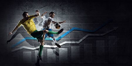 Football players fighting for ball and progress infographs at background