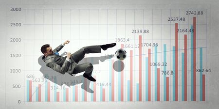 Football player hitting ball and progress infographs at background