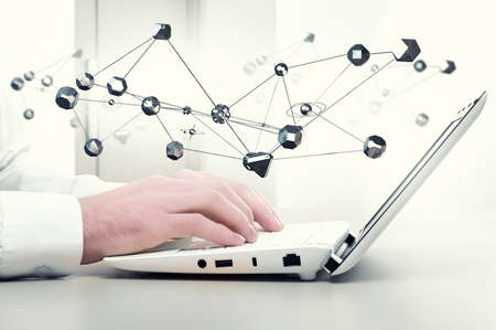 Hands of young girl running on computer in the office . 3D rendering