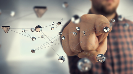 Close view of male touching social network concept . 3D renderingの写真素材