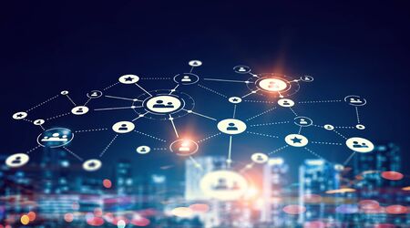People network connection concept against night city background 3D renderingの写真素材