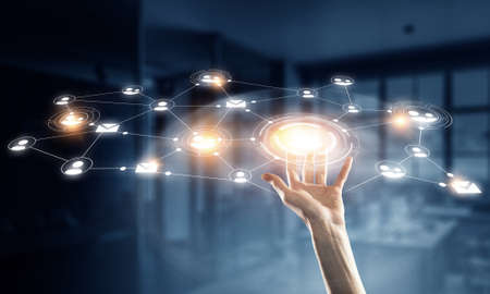 Female hand demonstrating on palm global wireless connection concept. 3D rendering