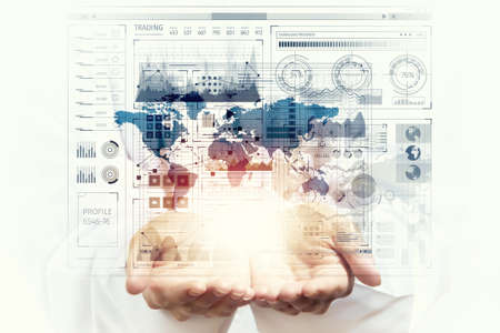 Close of businesswoman presenting in palm business strategy conceptの写真素材