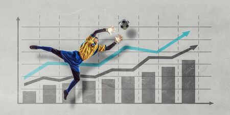 Football goalkeeper and progress infographs at background