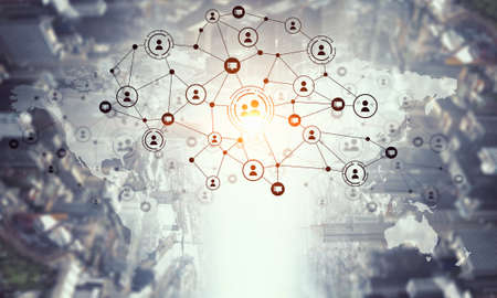 People network connection concept against night city background 3D rendering