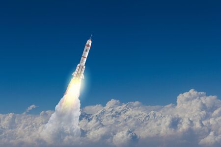 Military missile flying high in blue sky