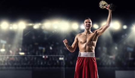 Professional boxer on arena in spotlights celebrating victoryの写真素材