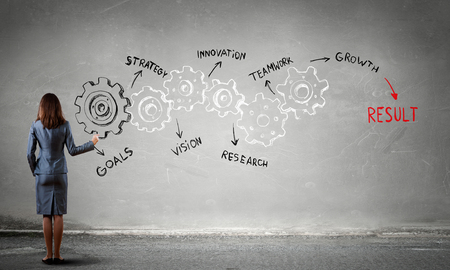 Businesswoman standing with back and drawing gear mechanism on wallの写真素材