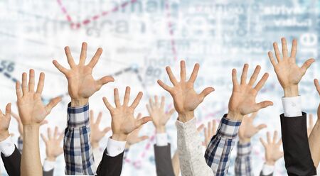 Many hands of people in row showing different gesturesの写真素材