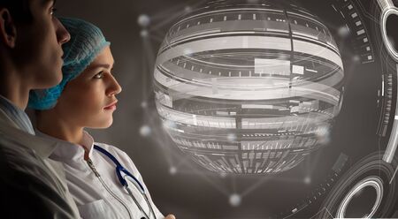 Two scientist and new connection technologies conceptの写真素材