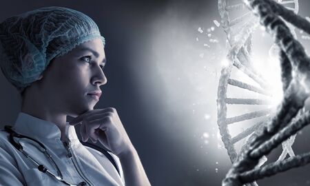 Woman science technologist in laboratory working with DNA molecule project. 3D rendering