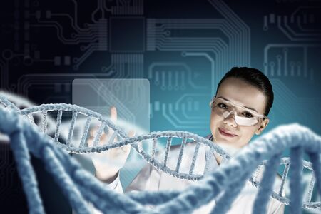 Woman science technologist in laboratory working with DNA molecule project. 3D renderingの写真素材