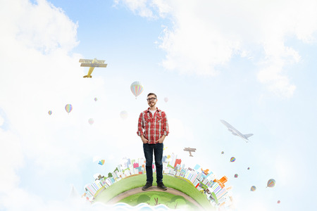 Man in checked shirt and eyeglasses outdoorsの写真素材