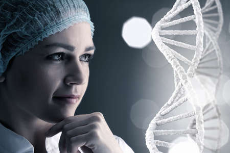 Woman science technologist in laboratory working with DNA molecule project. 3D renderingの写真素材