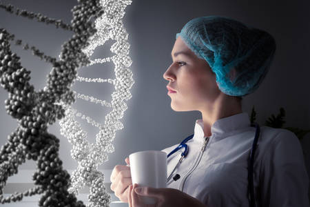 Woman science technologist in laboratory working with DNA molecule project. 3D rendering