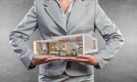 Hand presenting in palm interior design pattern. Mixed mediaの写真素材