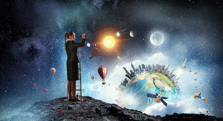 Businesswoman climbing ladder and looking through binoculars. Elements of this image are furnished...