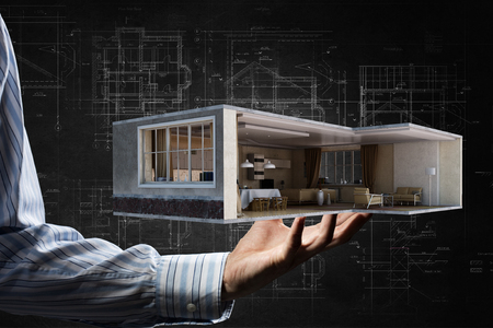 Hand presenting in palm interior design pattern. Mixed mediaの写真素材