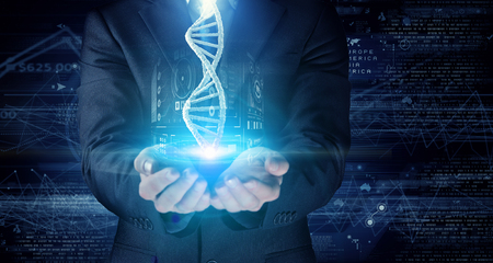 Hand of businessman holding dna molecule concept. 3D renderingの写真素材