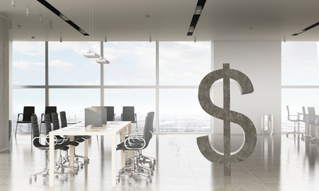 Elegant office interior with no people and big dollar sign. Mixed mediaの写真素材