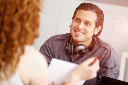 Successful young business executives meeting or job inetrview at the officeの写真素材